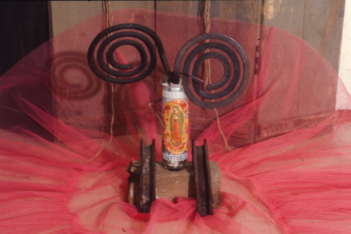 Senga Nengudi, Early Dawn, 1996. Bubble wrap, dry cleaner's plastic bag, spray paint on paper, 5 x 4 ft.
