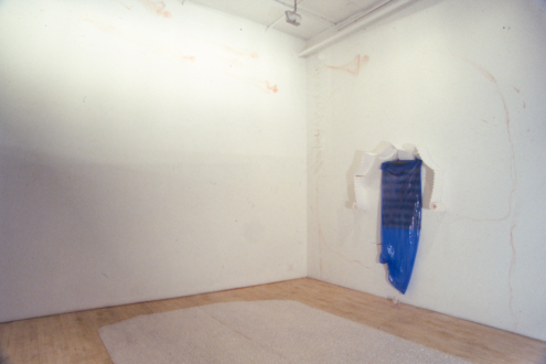 Senga Nengudi – Wet Night, Early Dawn, Scat-Chant, Pilgrims Song - Senga Nengudi, Pilgrim's Song, 1996. Metal, plastics, spray paint, chopsticks and wall drawing, 14 x 14 ft (installation view)