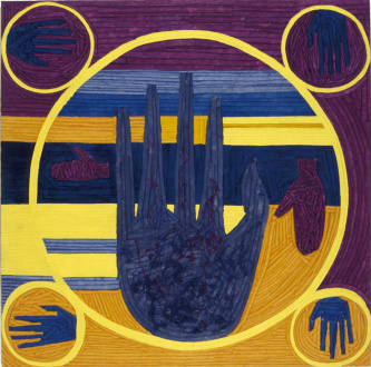 <i>The Palmist Reveals the Future of Painting</i>, 1992.
Dyed canvas strips and acrylic mediums on canvas
75 × 75 in.