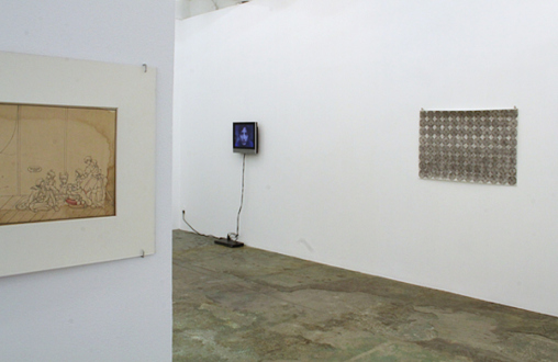 New Art from Pakistan – Noor Ali Chagani, Amna Hashmin, Ayesha Jatoi, Ismet Khawaja, Nadia Khawaja, Murad Khan Mumtaz, Seema Nusrat, Lala Rukh - Installation view toward west wall: Amna Hashmi, Ismet Khawaja, Nadia Khawaja.