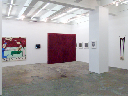 15 Years Thomas Erben - Installation view, west and south wall (from left): Rose Wylie, Barbad Golshiri, Dona Nelson, Adrian Piper, Raha Raissnia, Senga Nengudi. 