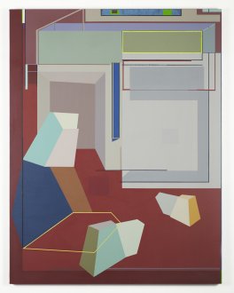 Sharon Yaoxi He, <i>Untitled</i>, 2023. Acrylic on canvas. 62 x 48.5 in.
<br>
<br>
Sharon Yaoxi He translates into abstract language the way one would read, and thus "move through" a Chinese landscape painting.
In a continued unfolding of architectural space, the artist invites viewers to imagine themselves in her scenes, incorporating a shifting perspective that moves up and down, near and far, or “around the corner”- in contrast to the central perspective used in Western tradition or the multi-perspectival, yet flattened space in Persian or Indian miniature painting.