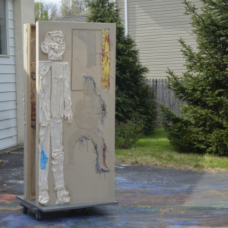 <i>Studio Portrait Over Time</i>, 2016. Cheesecloth, muslin, painted string and acrylic on lines, 81 x 36 x 5 in, 2 box panels. Photograph taken at the artist's studio.