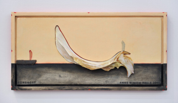 <i>Boneboat</i>, 2015. Oil on wood with bone and rust metal shard, 20 3/4 x 10 1/4 x 2 in. 
Collection: Woodmere Art Museum, Philadelphia, PA.
