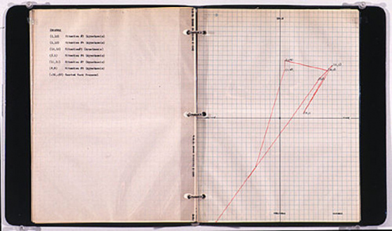 Adrian Piper – Early Drawings and Other Works - Adrian Piper Charted Work Proposal for January - December 1969, 1968. Typescript and graph paper with space/time coordinate diagrams under sheet protectors in ring binder, 28 pages, 11.5 x 9.5 in (11.5 x 20 in open).