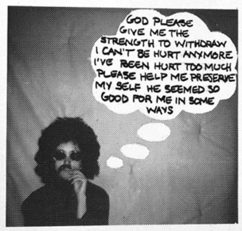 Adrian Piper – The Mythic Being, 1972-1975 - Adrian Piper: Study for Village Voice ad, God Please Give Me Strength, 1973. Felt tip pen on B/W photograph, 2.5 x 2.625 in.