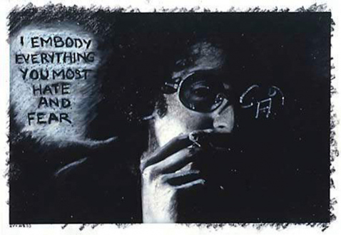 Adrian Piper – The Mythic Being, 1972-1975 - Adrian Piper I Embody Everything, 1975. Oil crayon drawing on B/W photograph, 8 x 10 in.