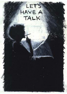 Adrian Piper M.B. (Let's Talk) #3, September 1975. Oil crayon drawing
on B/W photograph, 10 x 8 in.