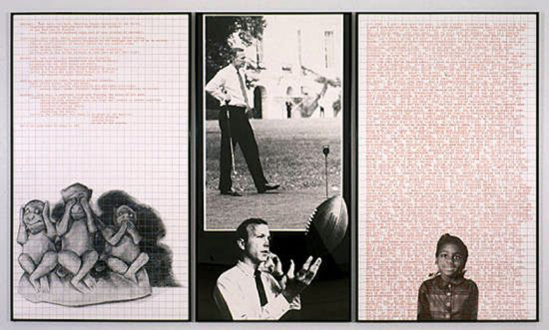 Adrian Piper – Early Drawings and Other Works - Adrian Piper Decide Who You Are #18: Hardball, 1992. Left panel: silkscreened drawing, graph paper and text; center panel: enlarged photograph; right panel: silkscreened photograph, graph paper and repeating text, 72 x 126 in over all.