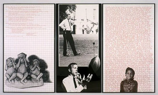 Adrian Piper Decide Who You Are #18: Hardball, 1992. Left panel: silkscreened drawing, graph paper and text; center panel: enlarged photograph; right panel: silkscreened photograph, graph paper and repeating text, 72 x 126 in over all.