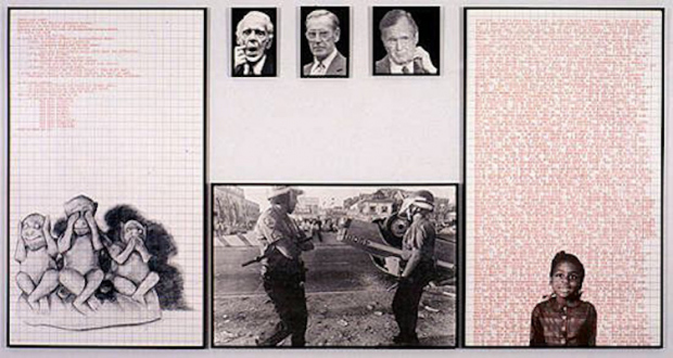 Adrian Piper – Early Drawings and Other Works - Adrian Piper Decide Who You Are #19: Torch Song Alert, 1992. Left panel: silkscreened drawing, graph paper and text; 4 center panels: enlarged photographs; right panel: silkscreened photograph, graph paper and repeating text, 72 x 142 in over all.