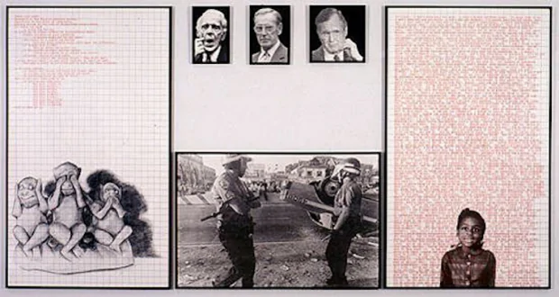 Adrian Piper Decide Who You Are #19: Torch Song Alert, 1992. Left panel: silkscreened drawing, graph paper and text; 4 center panels: enlarged photographs; right panel: silkscreened photograph, graph paper and repeating text, 72 x 142 in over all.