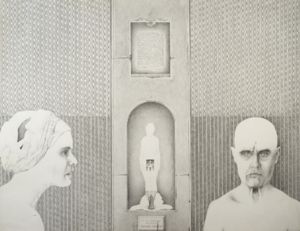 Feminism and the Legacy of Surrealism - Anne Minich, <i>Aqua Bride</i>, 1974/75. Graphite on paper, 30 x 40 in.
<br>
<br>
Writing about the altar-like arrangement at the center of <i>Aqua Bride</i>, Anne Minich delves into the source of her imagery in memory and personal history:
<br>
<br>
