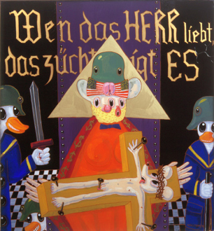 15 Years Thomas Erben - Blalla Hallmann, Wen das HERR liebt das züchtigt es (Whom the Lord Loves he Chastizes), 1990.
Reverse painting, acrylic on glass, 47.25 x 43.25 in.