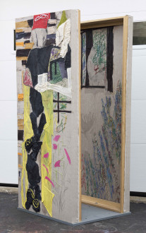 models stand close to the paintings - By the Yard, 2016. Collage, dyed cheesecloth, muslin, and acrylic mediums on linen panel mounted on plywood base, panel: 81.5 x 36 in, base: 38 x 32 in.