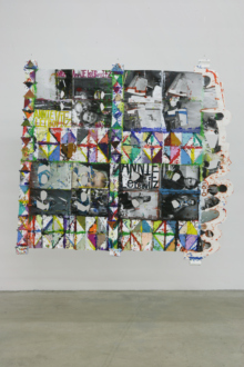 Mike Cloud: Quiltmaking & Over Production of Opposites - Mick Jagger Paper Quilt, 2010. Altered photography book, paper, color aid and acrylic, 63 x 66 inches.