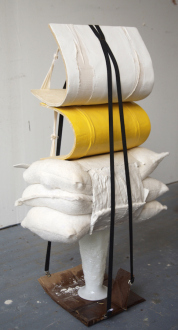 QuietlyLoud – Natasha Conway, Alisha Kerlin, Cassie Raihl - Cassie Raihl, PillPenders, 2010. Suspenders, Wood, plaster, glass vase, cardboard. 16 x 49 x 13 in.