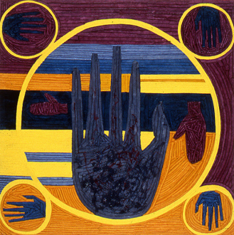 Dona Nelson – in situ: paintings 1973 – present - The Palmist Reveals the Future of Painting, 1992. Dyed canvas strips and acrylic mediums on canvas, 75 x 75 in.