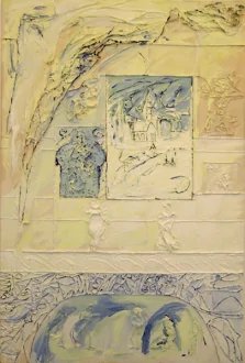 My Home IV, 2001. Cheesecloth and acrylic mediums
on canvas, 90 x 60 in.