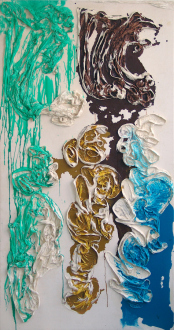 Dona Nelson: Untitled, 2009. Acrylic medium and cloth
on canvas, 79 x 41 in.