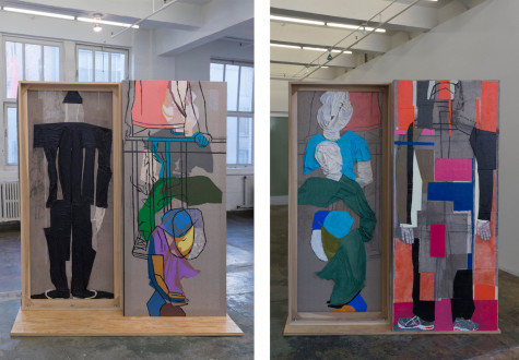 models stand close to the paintings - Platform, 2017. Collage, dyed cheesecloth, muslin, and acrylic mediums on linen mounted on plywood base, panel: 81.5 x 36 in, base: 74 x 22 in.