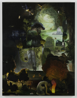 Spirited Densities – Ryan McLaughlin, Zach Nader, Ferdinand Penker, Emma Webster - Emma Webster, Landscape with five deer, six mushrooms, four owls, and a mouse, 2018. Oil on canvas, 108 x 84 in.