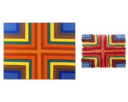 (Left) <i>Untitled</i>, 2016. Oil on canvas, 48 x 60 in. (Right) <i>Untitled</i>, 2015. Oilstick on paper, 12 x 16 in.