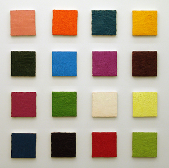 Handshakes – Elaine Stocki, Whitney Claflin, Ian Campbell - Ian Campbell, Colorfield 2, 2010. Oil on canvas (grid of 16), dimension variable (9 x 9 in each).