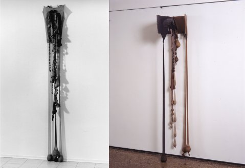 <i>Insides Out</i>, Spring 1977 (original piece). Nylon mesh, metal, sand, 10 ft x 1 ft x 6 in. (recreated in 2003; installation view <i>Répondez s'il vous plaît</i>, Thomas Erben Gallery, 2003; collection of Craig Robins, Miami, FL).