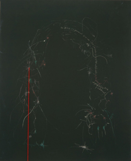 Jutta Koether – I Is Had Gone - Ladies of the Rope (Version 2), 2003/04. Black canvas, red thread, silver pen,48 x 36 in.