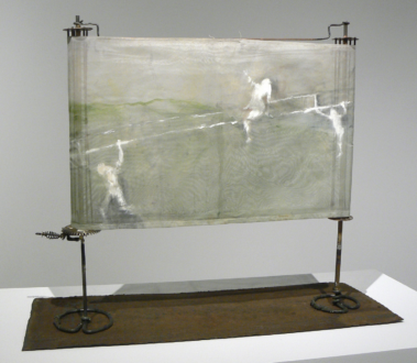 Feminism and the Legacy of Surrealism - June Leaf, <i>Green Scroll with Figures</i>, 2008. Metal, wire, and acrylic on fabric, 21 1/2 x 27 1/2 x 10 in. Courtesy of the artist and Hyphen Advisory.