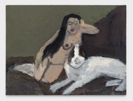<i>Nude with a Dog #1 </i>, 2021. Oil on linen, 8 x 10 in.