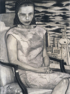 Jenny Scobel – Ingots - Untitled (Bird Print Dress), 2002-03. Graphite, oil and wax on prepared
wooden panel, 32 x 24 in.