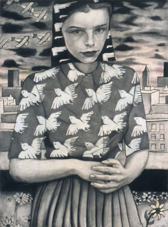 Jenny Scobel – Ingots - Bird at the Window, 2003. Graphite, oil and wax on prepared wooden panel,32 x 24 in.