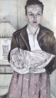 Jenny Scobel  – Women - Something in the Way, 2009/2010. Pencil, watercolor and waxon prepared wooden panel, 42 x 24 in.