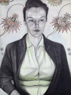 Jenny Scobel  – Women - Eyes Glass Grey, 2009. Pencil, watercolor and wax on prepared wooden panel,32 x 24 in.