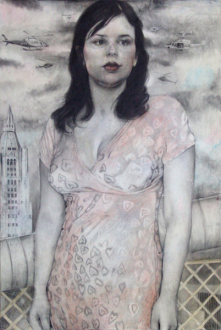 Jenny Scobel  – Women - Helicopters, 2009. Pencil, watercolor and wax on prepared wooden
panel, 42 x 28 in.