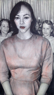 Jenny Scobel  – Women - Andrea, 2011. Pencil, watercolor, oil and wax on preparedwooden panel, 42 x 24 in.