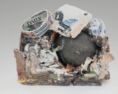 are you dead, yet? – Horst Ademeit, Jason Eberspeaker, Kahlil Robert Irving, Mira Schor - Kahlil Robert Irving, Mass: Meissen TO – GO (KILLING DAILY; DAILY KILLING), 2017. Glazed and unglazed porcelain and stoneware, gravel, red earthenware brick, porcelain enamel, Meissen Porcelain Factory and personally constructed decals, and blue, gold, silver luster, 11 1/2 x 14 1/2 x 10 in.