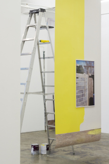 Kathrin Sonntag – Problems and Solutions - Problems and Solutions: Section 3, 2017. Photographic wallpaper, ladder, paint roller and rod, paint cans 138 x 53 in. (length variable)