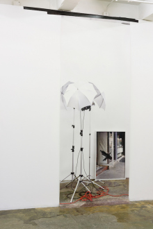 Kathrin Sonntag – Problems and Solutions - Problems and Solutions: Section 2, 2017. Photographic wallpaper, black tape 138 x 53 in. (length variable)