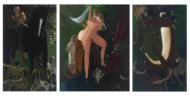 Painting Forward – Joan Brown, Charles Garabedian, Jackie Gendel, Haley Josephs, , Kyle Starver - Kyle Staver, Diana & Actaeon, 2012, oil on linen, triptych: 68 x 154 in.