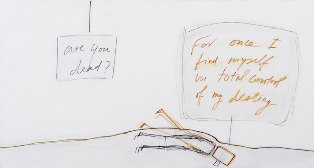 are you dead, yet? – Horst Ademeit, Jason Eberspeaker, Kahlil Robert Irving, Mira Schor - Mira Schor, For Once..., 2014. Ink, gesso and acrylic on linen, 24 x 45 in.