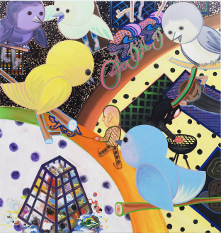 Marcus Weber – Adalbertstraße, Krazy Kat und Artforum-Leser - V-Park, 2011. Oil on cotton, 79 x 75 in.