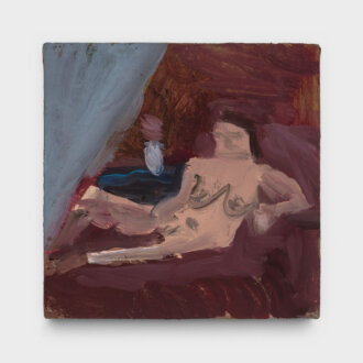 <i>Nude on Red Couch #2</i>, 2022. Oil on linen panel, 6 x 6 in

