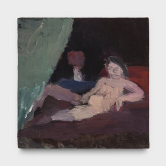 <i>Nude with Green Curtain</i>., 2022. Oil on linen panel, 8 x 8 in.
