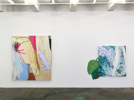 Pleasure in Precariousness – Sarah Faux, Haley Josephs, RJ Messineo, Wang Chen - Installation view: Symbol-life, Untitled (Greens) & Float Tank.