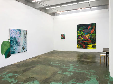 Pleasure in Precariousness – Sarah Faux, Haley Josephs, RJ Messineo, Wang Chen - Installation view: Untitled (Greens) & Float Tank, Late June, and Fallen.