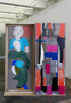 <i>Platform</i>, 2017. Collage, dyed cheesecloth, muslin, and acrylic mediums on linen mounted on plywood base, panel: 81.5 x 36 in, base: 74 x 22 in. Installation view, <I>models stand close to the paintings</i>, Thomas Erben Gallery, 2017.