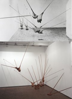 <i>R.S.V.P I</i>, 1977 (original piece). Nylon mesh, sand. (recreated 2003; installation view <i>R.S.V.P</i>, Thomas Erben Gallery; collection of MoMA, New York).